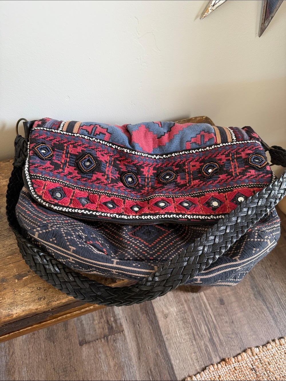 Free People Large Red Blue Black Patterned Crossbody Bag 17” wide